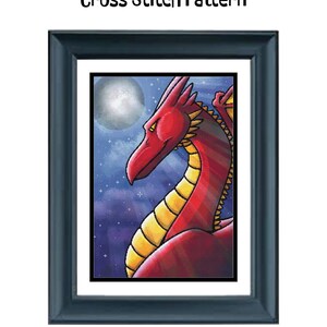 May include: A framed counted cross stitch pattern titled Red Dragon Counted Cross Stitch Pattern. The image depicts a red dragon against a starry night sky with a moon. Text includes 250 x 350 stitches, 35.3 x 49.4 cm @ 18ct, 13.9 x 19.4 in @ 18ct, 190 colours.