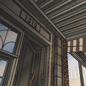 May include: An architectural illustration of a building facade. The number "1312" is displayed above the door. The image features a door, window, and striped awning. The color palette includes shades of brown, gray, and white.