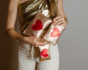 Be Still My Heart pouch. Rose gold leather pouch. Metallic leather wallet. Heart leather clutch