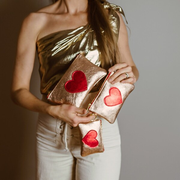 Be Still My Heart pouch. Rose gold leather pouch. Metallic leather wallet. Heart leather clutch