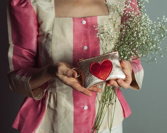 Be Still My Heart pouch. Rose gold leather pouch. Metallic leather wallet. Heart leather clutch