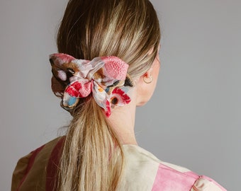 Embroidered Floral Scrunchie. Sheer Scrunchie