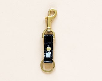 LEATHER Key Fob. Black Patent Leather Key Chain with Hook. Croc Pattern Leather Keychain. Black Leather Key Holder
