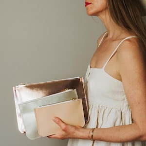 ESSENTIAL Sturdy Flat Leather Clutch. Natural Leather. Metallic Leather Pouch. Leather Makeup Bag. Leather cosmetic bag. Hand painted Clutch