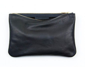 JANE Black Leather Clutch. Black Leather Pouch. Simple Leather Clutch. Black Leather Makeup Bag