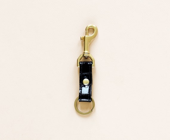 LEATHER Key Fob. Black Patent Leather Key Chain With Hook. 