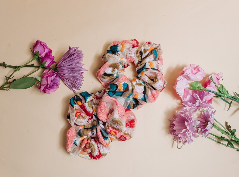 Embroidered Floral Scrunchie. Sheer Scrunchie image 3