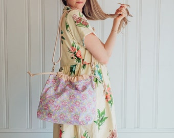Medium Sling. Summer Fabric Cross Body Bag. Cross Body Drawstring Purse Floral Bag
