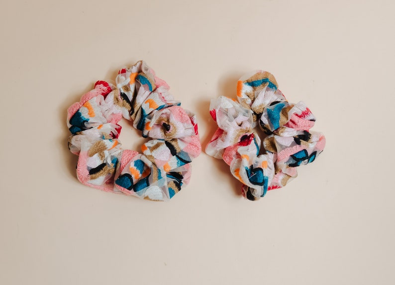 Embroidered Floral Scrunchie. Sheer Scrunchie image 4