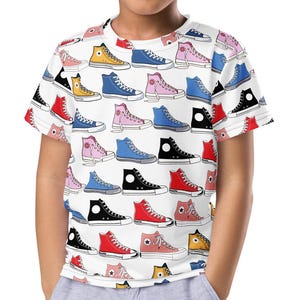 Colorful High Top Sneakers Kids All-Over Print Tee, Retro Shoe Pattern Shirt, Fun Fashion T-Shirt