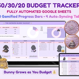 May include: A digital budget tracker with the text "50/30/20 BUDGET TRACKER" and "FULLY AUTOMATED GOOGLE SHEETS". The image shows a laptop and tablet displaying budget spreadsheets, gamified progress bars, and bunny illustrations. Two coins with bunny designs are also visible.