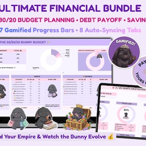 May include: A digital financial planning bundle displayed on a laptop and tablet screen. The interface features 50/30/20 budget planning, debt payoff trackers, and savings goals with gamified bunny illustrations and progress bars.
