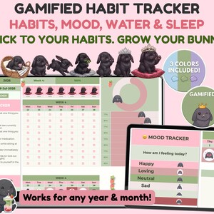Puede incluir: Un rastreador de hábitos gamificado digital en dos pantallas con temática de conejos. La interfaz incluye secciones para hábitos, estado de ánimo, agua y sueño, con el texto "GAMIFIED HABIT TRACKER," "STICK TO YOUR HABITS. GROW YOUR BUNNY," y "Works for any year & month!"