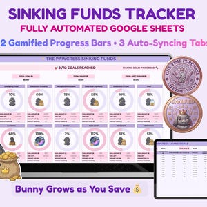 May include: A digital financial tracker on a laptop and tablet, featuring a bunny theme. The screen displays a sinking funds spreadsheet with progress bars and auto-syncing tabs. Two gamified coins and a bunny graphic are also visible.