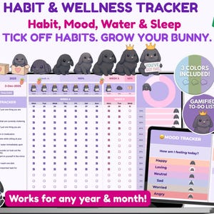 May include: A digital habit and wellness tracker displayed on a screen, featuring a gamified bunny theme. The interface includes sections for habit tracking, mood monitoring, water intake, and sleep, with text reading HABIT & WELLNESS TRACKER.