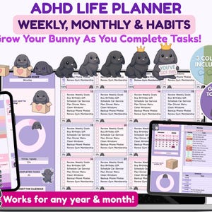 Può includere: Un modello digitale di pianificatore di vita per ADHD visualizzato su laptop, smartphone e tablet. L'interfaccia presenta una lista di cose da fare gamificata con illustrazioni di conigli che crescono man mano che le attività vengono completate.
