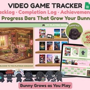 May include: A digital video game tracker featuring a virtual room with shelves, game covers, and progress bars. The interface includes text such as VIDEO GAME TRACKER, Backlog, Completion Log, Achievements, and My Playing Room, with various black bunny illustrations.
