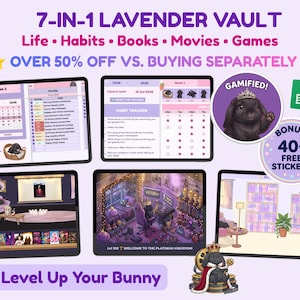 May include: A 7-in-1 lavender vault digital planner set featuring life, habits, books, movies, and games trackers. Includes a gamified bunny theme, over 40 free stickers, and a spreadsheet icon. The interface displays calendars, habit lists, and room illustrations.