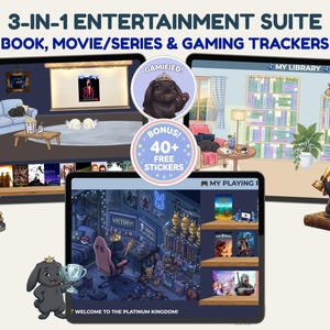 May include: A 3-in-1 entertainment suite digital tracker featuring book, movie, series, and gaming logs. The interface displays illustrated rooms with a library, a home theater, and a gaming setup, accompanied by cartoon rabbit characters.
