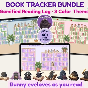 Puede incluir: Un paquete de seguimiento de libros digital con tres temas de color y registros de lectura gamificados. La pantalla muestra estanterías, plantas en macetas e ilustraciones de conejos. El texto incluye BOOK TRACKER BUNDLE, Gamified Reading Log, 3 Color Themes, BONUS 40+ FREE STICKERS y Bunny eveloves as you read.