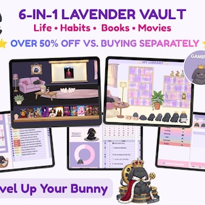 Pode incluir: Um conjunto de planejadores digitais 6 em 1 Lavender Vault com rastreadores de vida, hábitos, livros e filmes. A interface exibe várias telas com um tema de coelhinho, incluindo uma biblioteca, um calendário e um rastreador de humor.