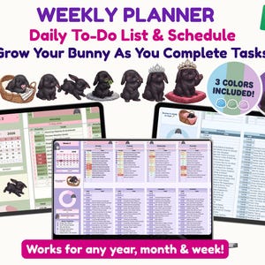 Puede incluir: Un planificador semanal digital con temática de conejos, listas de tareas diarias y horarios. La interfaz muestra seguimiento de tareas, calendarios e ilustraciones de conejos. El texto incluye Weekly Planner, Daily To-Do List & Schedule y Works for any year, month & week!