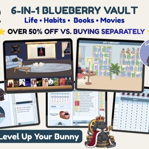 May include: A 6-in-1 digital organization vault featuring a bunny theme. The display includes tablets showing a movie room, a library, habit trackers, and schedules. Text includes 6-IN-1 BLUEBERRY VAULT, Life, Habits, Books, Movies, and Level Up Your Bunny.