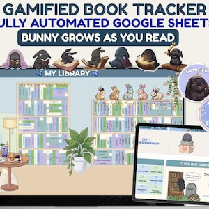 May include: A gamified book tracker for Google Sheets featuring a digital library interface with bookshelves, a reading nook, and animated bunny characters that grow as you read. Includes a DNF graveyard section and a bonus pack of 40 plus digital stickers.