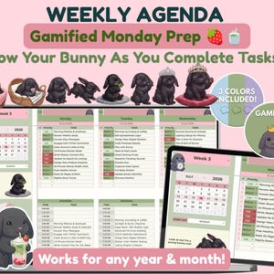 Hoja de cálculo de Google con la agenda semanal en tonos pastel y la preparación gamificada del lunes con sabor a matcha y fresa.