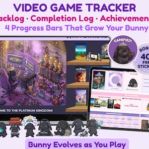 May include: A digital video game tracker featuring a backlog, completion log, and achievement system. The interface displays a virtual room with a bunny character, progress bars, and game statistics. Includes a bonus set of 40+ free stickers.