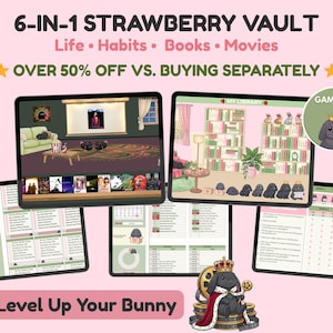 Puede incluir: Anuncio de un producto digital con fondo rosa. El texto dice "6-IN-1 STRAWBERRY VAULT" y enumera "Life • Habits • Books • Movies". Se muestran varias pantallas de tabletas que muestran diferentes interfaces, como una biblioteca y rastreadores de hábitos. También está presente la frase "Level Up Your Bunny".