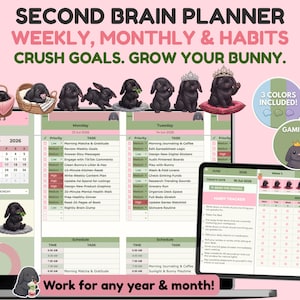 May include: A digital planner interface titled Second Brain Planner Weekly, Monthly & Habits, featuring illustrations of black bunnies, a calendar for July 2026, task lists, habit trackers, and the text Work for any year & month on a pink background.