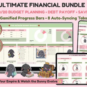 May include: A digital financial bundle with the text "ULTIMATE FINANCIAL BUNDLE" and "50/30/20 BUDGET PLANNING". The image shows a laptop, tablet, and phone displaying budget planning tools with bunny illustrations. Includes "7 Gamified Progress Bars" and "8 Auto-Syncing Tabs".
