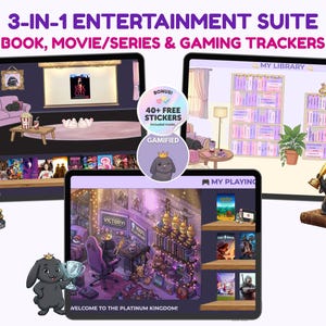 Puede incluir: Suite de entretenimiento digital mostrada en tres tabletas. Incluye rastreadores de libros, películas/series y juegos. El texto "3-IN-1 ENTERTAINMENT SUITE" y "WELCOME TO THE PLATINUM KINGDOM!" es visible. Incluye pegatinas de bonificación.
