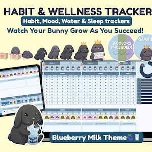Peut inclure: Suivi numérique des habitudes et du bien-être sur le thème du lait de myrtille. Le suivi comprend des suivis des habitudes, de l'humeur, de l'eau et du sommeil. Le design présente un lapin et le texte "Watch Your Bunny Grow As You Succeed!" et "Gamified".