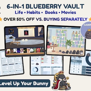 May include: Digital planner image with the text "6-IN-1 BLUEBERRY VAULT" and "Life • Habits • Books • Movies." Multiple tablet screens display planning interfaces. A bunny mascot is featured, along with the phrase "Level Up Your Bunny."