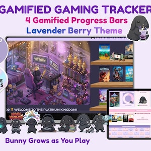 Könnte beinhalten: Ein digitaler Gaming-Tracker mit Lavendel-Beeren-Thema. Das Bild zeigt ein Tablet, das eine Spielzimmer-Szene mit Fortschrittsbalken, Spielcovern und einem Hasencharakter anzeigt. Der Text enthält "Gamified Gaming Tracker" und "Bunny Grows as You Play."