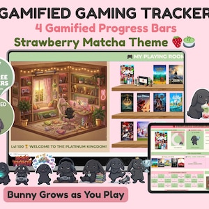 Peut inclure: Un suivi de jeu numérique sur le thème du matcha aux fraises. L'image montre une tablette et un ordinateur portable affichant l'interface du tracker, avec des barres de progression et un personnage de lapin. Le texte comprend "Gamified Gaming Tracker" et "Bunny Grows as You Play."
