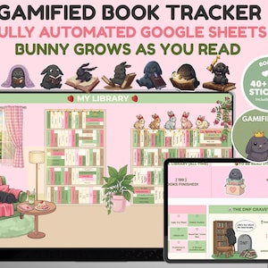 May include: A gamified book tracker for Google Sheets featuring a digital library interface with bookshelves, a green armchair, and illustrations of bunnies. The display includes text such as MY LIBRARY, TO BE READ STASH, and THE DNF GRAVEYARD.