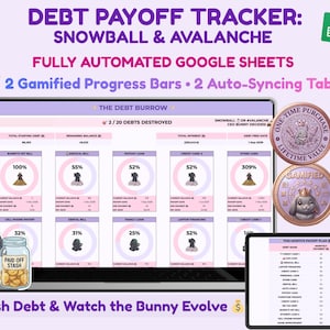 May include: A digital debt payoff tracker displayed on a laptop and tablet. The screen shows progress bars, a bunny graphic, and the text "DEBT PAYOFF TRACKER: SNOWBALL & AVALANCHE". Includes a jar labeled "PAID OFF STASH".