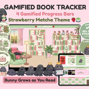 Gamified Reading Journal • Strawberry Matcha Book Tracker • Coquette Aesthetic • ADHD Friendly • Cottagecore Library