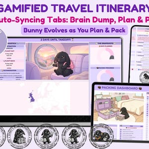 Puede incluir: Un planificador digital de itinerarios de viaje con un tema de conejito. El planificador incluye pestañas para lluvia de ideas, planificación y embalaje. El conejito evoluciona a medida que planificas. La imagen muestra el planificador en un portátil, una tableta y un teléfono.
