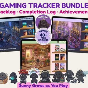 May include: A digital gaming tracker bundle featuring three tablet screens displaying game progress, backlog, and achievement logs. Includes a bonus sticker set with illustrations of a black bunny character in various gaming-themed poses.