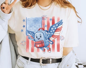 Patriotyczny plecak z amerykańską flagą, koszulka dla dzieci z motywem skrzydeł, koszulka z okazji 4 lipca, projekt z okazji powrotu do szkoły w USA, prezent z okazji Freedom Flyer