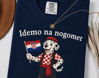 Koszulka kibica chorwackiej piłki nożnej z dalmatyńczykiem, koszulka piłkarska Idemo na Nogomet z Chorwacji, koszulka z uroczym psem z flagą, prezent z okazji chorwackiej dumy