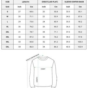 May include: A size chart for a classic unisex crew-neck sweatshirt made in the US. The table lists sizes S through 5XL with corresponding length, chest, and sleeve center back measurements in inches and centimeters. A line drawing shows measurement points.