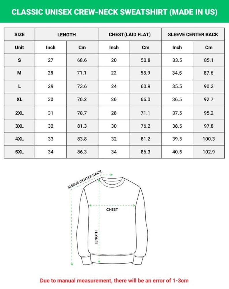 May include: A size chart for a classic unisex crew-neck sweatshirt made in the US. The table lists sizes S through 5XL with corresponding length, chest, and sleeve center back measurements in inches and centimeters. A line drawing shows measurement points.