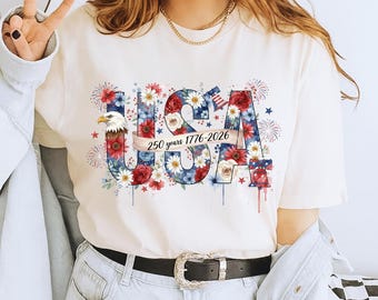 Koszulka z motywem kwiatowym z okazji 250-lecia USA, Patriotyczna koszulka z motywem dzikich kwiatów Ameryki, Koszulka z okazji 4 lipca w stylu vintage, Koszulka z okazji obchodów USA 1776-2026