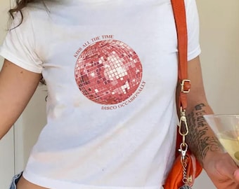 Koszulka z nadrukiem Disco Ball Baby, Kiss All The Time, w stylu Y2K