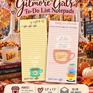 May include: Two rectangular notepads with lined paper, one yellow and one light pink, featuring Gilmore Girls themed graphics, coffee cup illustrations, and text including Luke's, measuring 3.5 inches by 7.5 inches with 50 or 100 pages.
